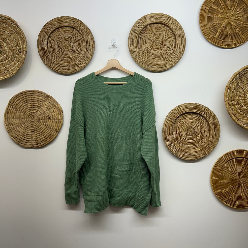 Aerie Crew Neck Knit Sweater XS Green Cozy Oversized Casual